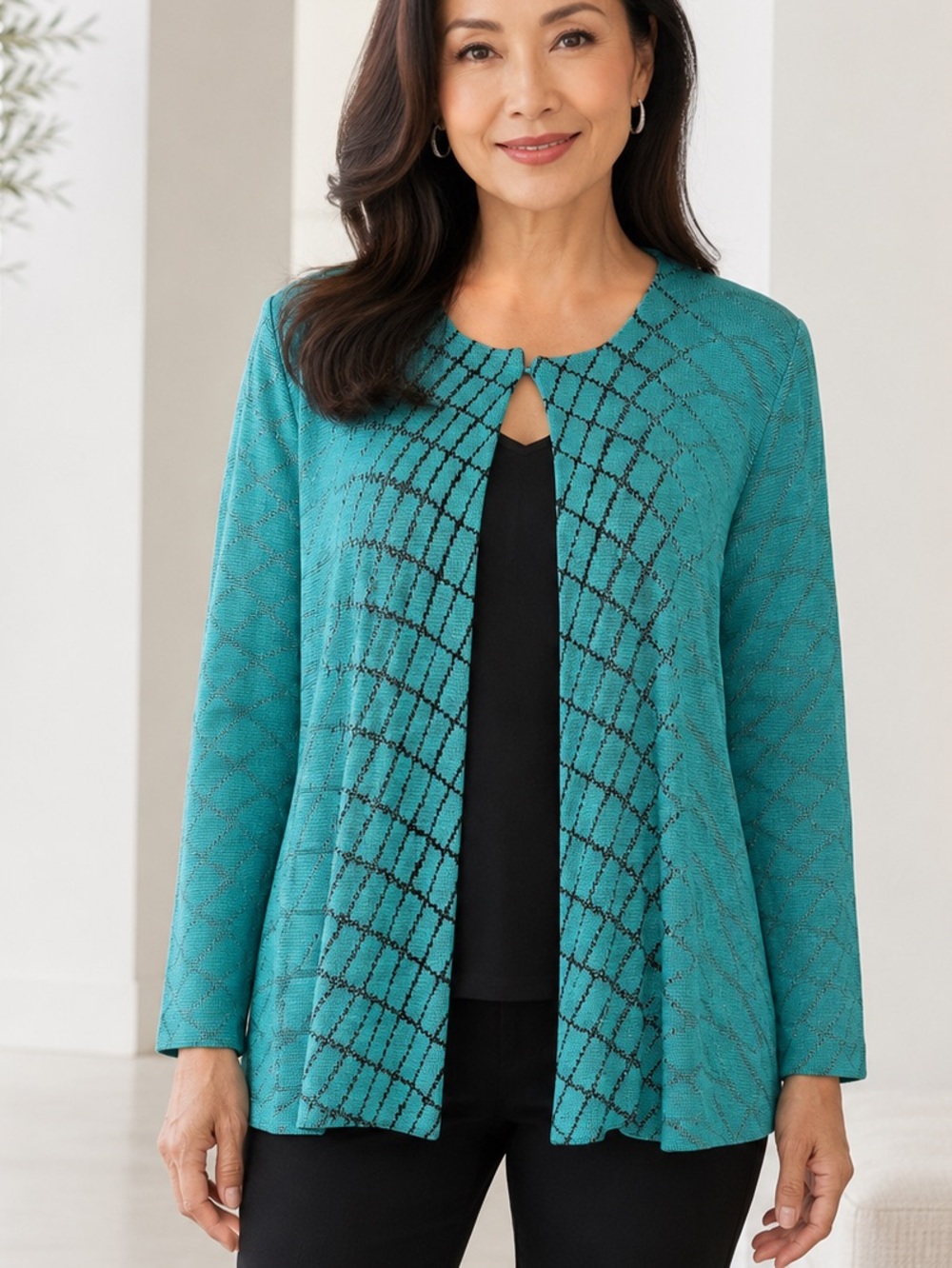 Ming Wang XL Turquoise Black Abstract Knit Open Front Cardigan Jacket Office